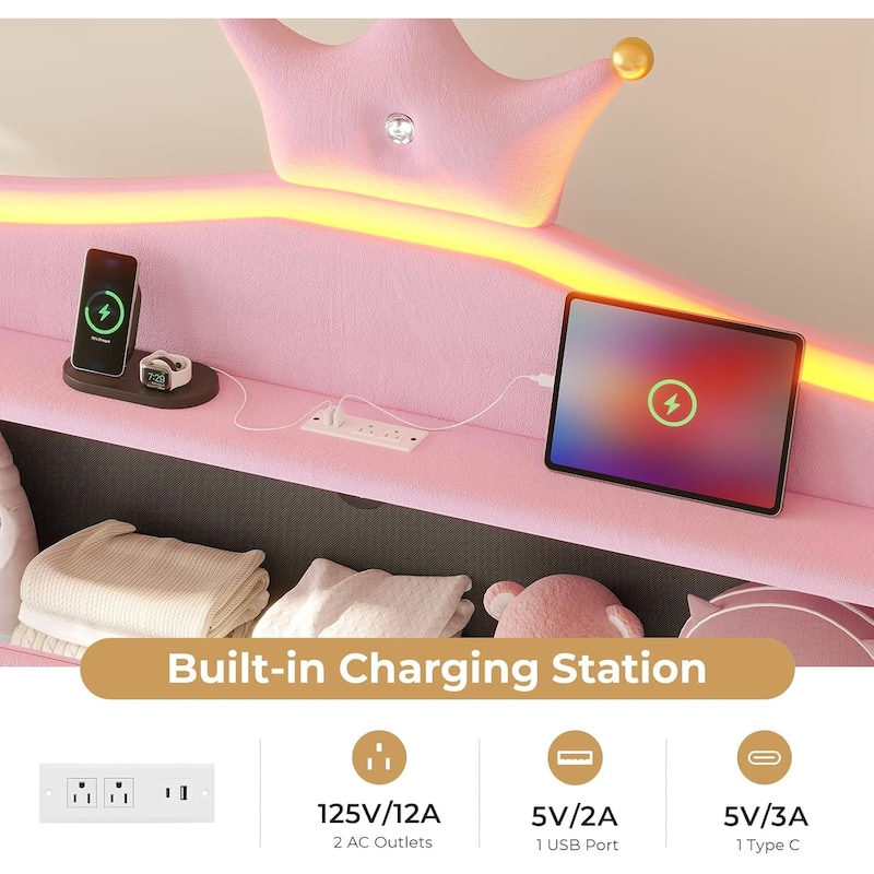 Princess Upholstered Bed with Headboard Charging Station Crystal Button Crown