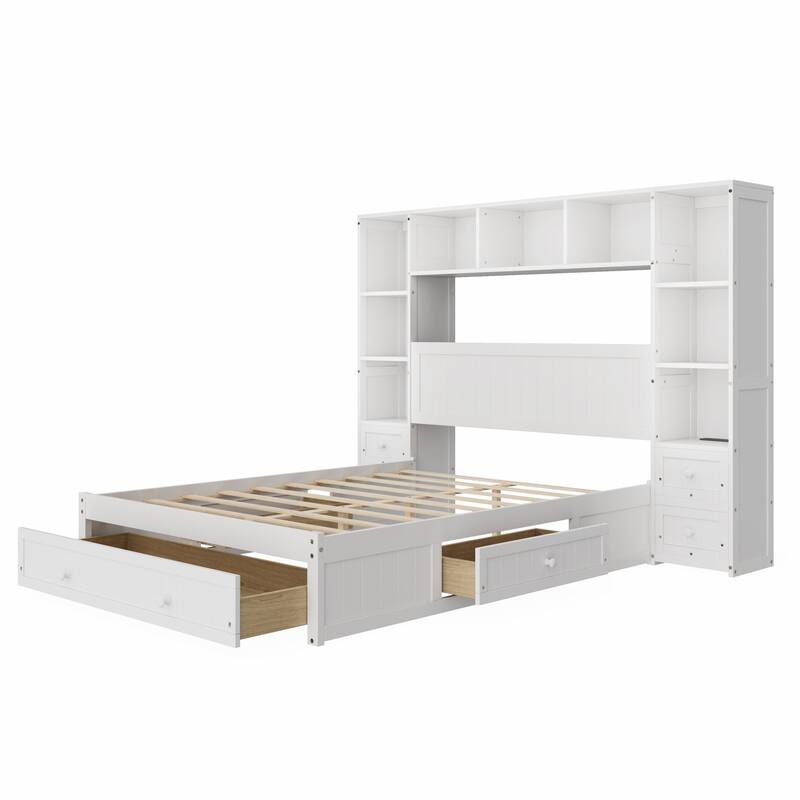 Multi-Functional Pine Wood Platform Bed with Built-In Nightstands, Storage Shelves, and Charging Stations