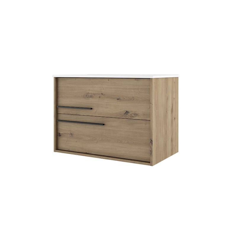 HomeRoots 40" Natural Wood Floating Bathroom Vanity With White Sink And Two Drawers - 40.00 in. x 24.60 in. x 21.60 in.
