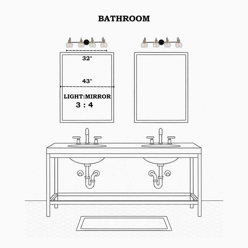 Modern Black Gold 4-Light Linear Bathroom Vanity Lights Globe Glass Wall Sconces - 32" L x 8" W x 8.5" H