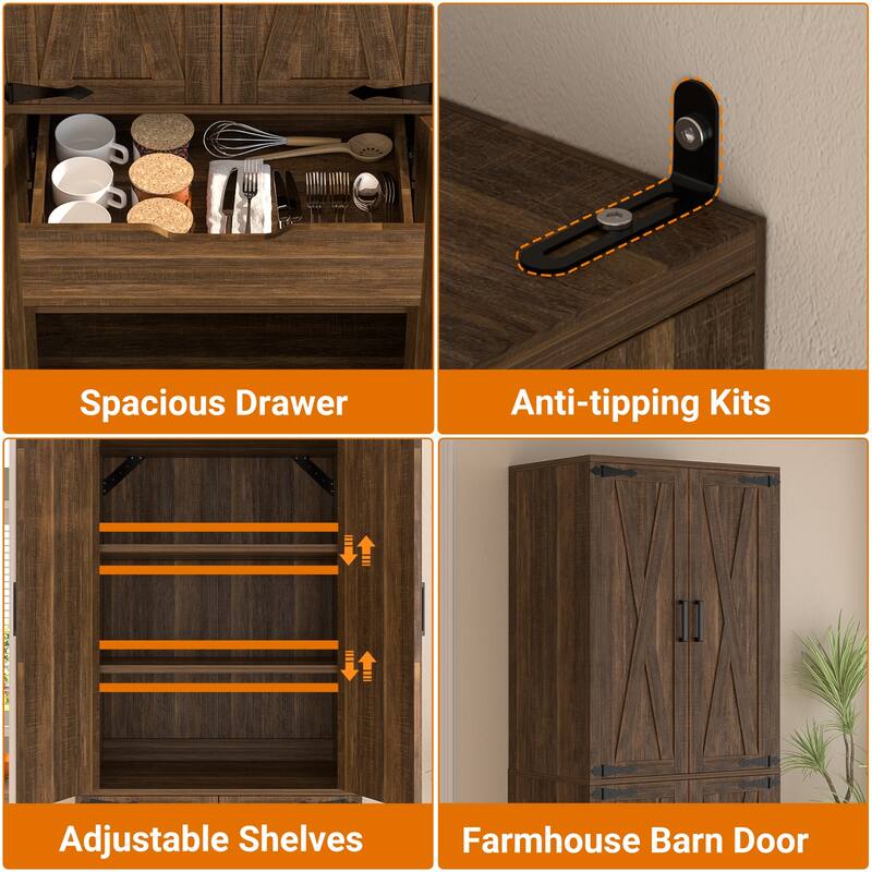 71" Kitchen Pantry with 4 Doors ＆ Large Drawer，Storage Cabinet with 6 Adjustable Shelves for Dining Room Living Room