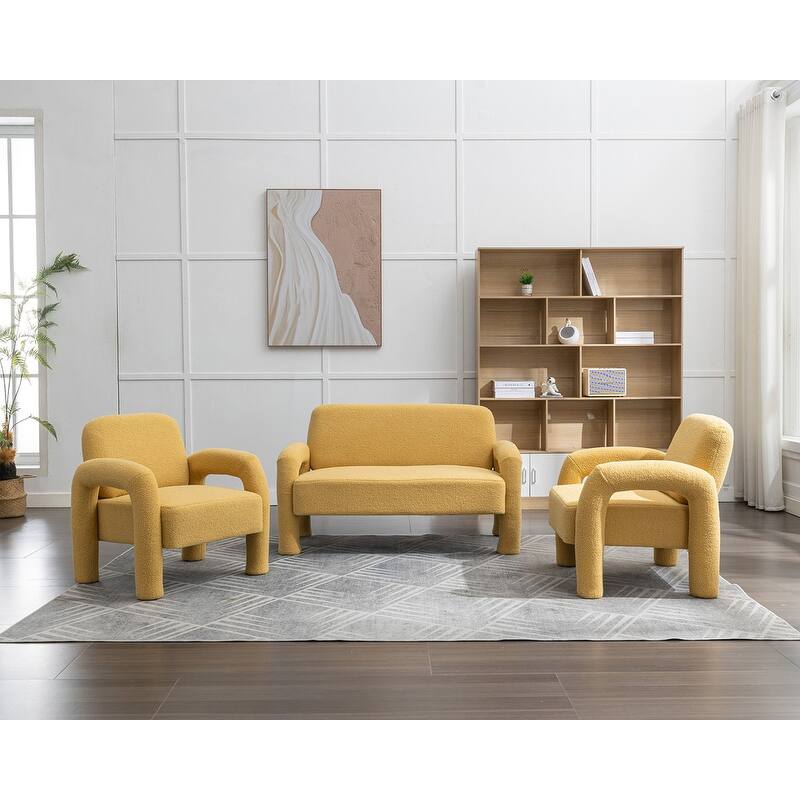 SEYNAR Mid-Century Modern Boucle 51'' Solid Wood Curved Sofa Set of 3 with Accent chair