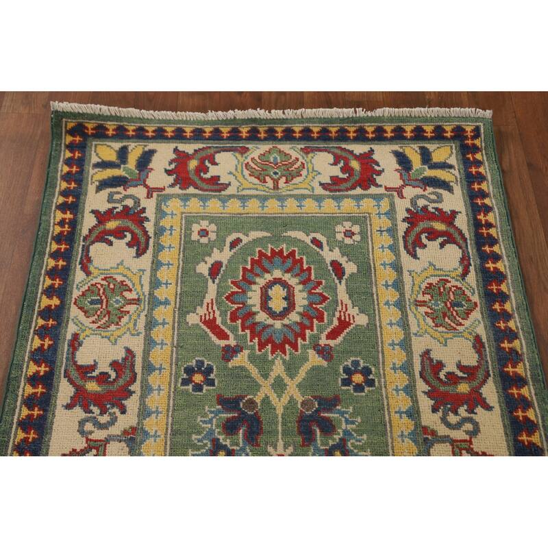 Green Floral Kazak Runner Rug Hand-Knotted Wool Carpet - 2'8" x 9'7"