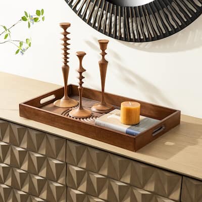 Glitzhome Set of 2 Rectangle Wood Abstract Carved Decorative Trays with Handles
