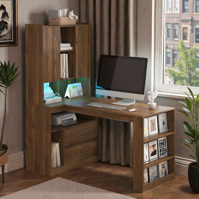 L Shaped Computer Desk with LED Light and Power Outlets, Corner Desk with Drawers Bookshelf for Home Office - Wood