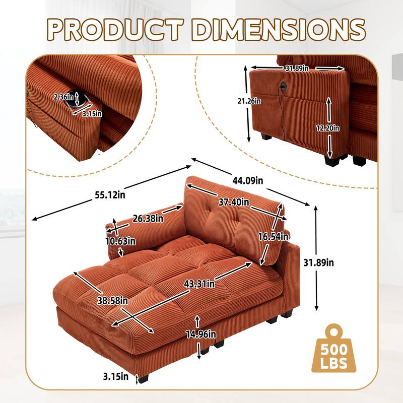 Oversized Corduroy Upholstered Single Chaise Lounge Sofa Couch Switchable Armrest with Cup Holders, USB Ports and Pockets