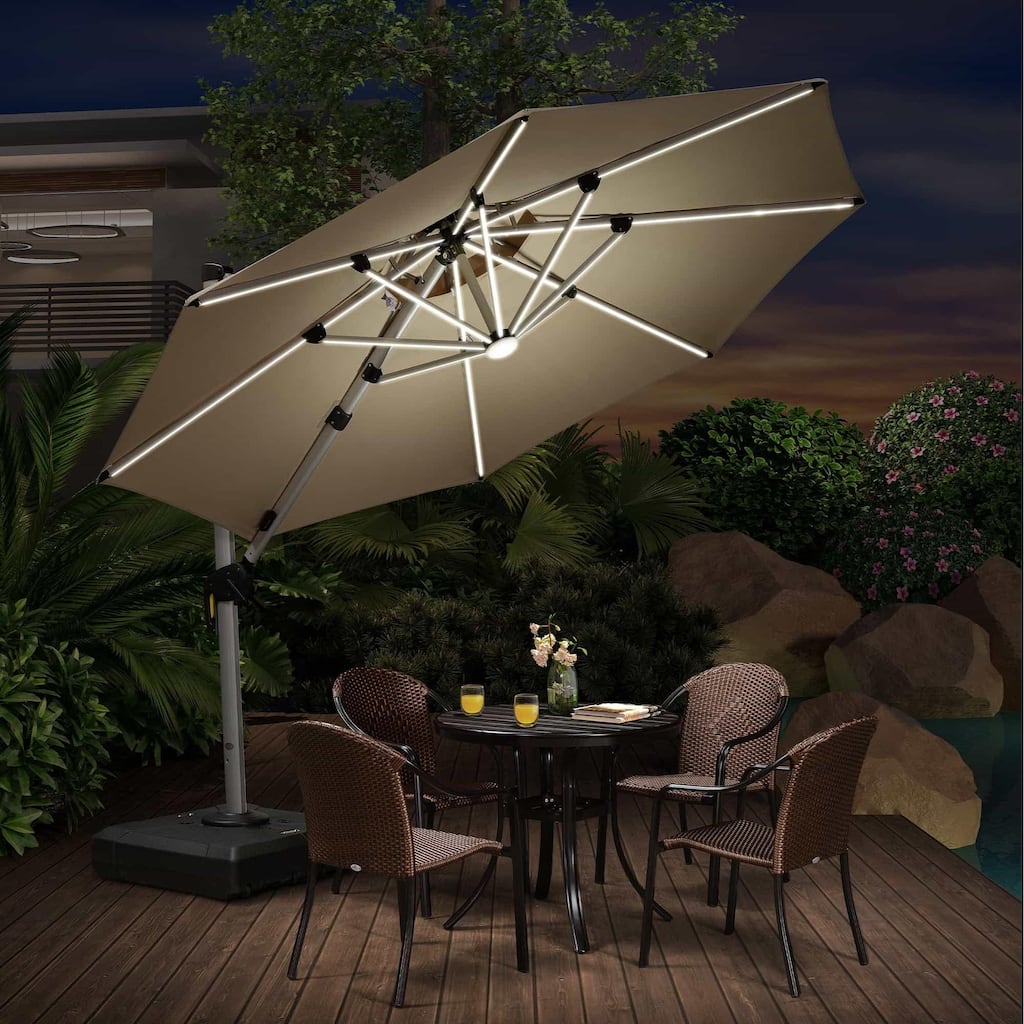 PURPLE LEAF 10 ft Double Top LED Round Patio Cantilever Umbrella with Base