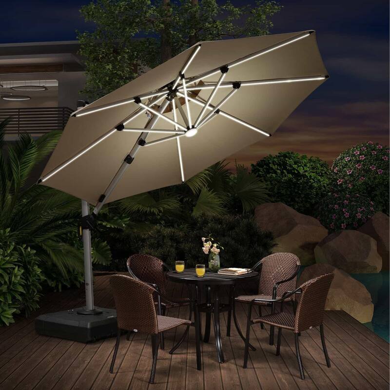 PURPLE LEAF 10 ft Double Top LED Round Patio Cantilever Umbrella with Base