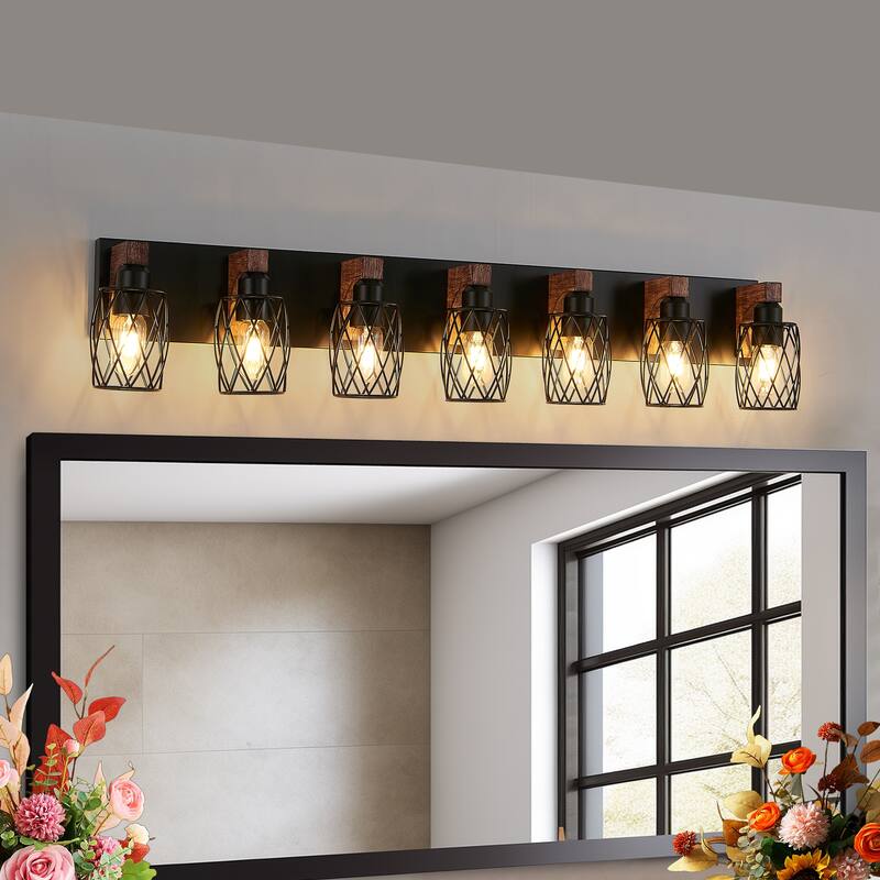 7-Light Industrial Wall Sconce - Black Cage - Wood - Bathroom Hallway(Bulb Not Included) - Walnut+black