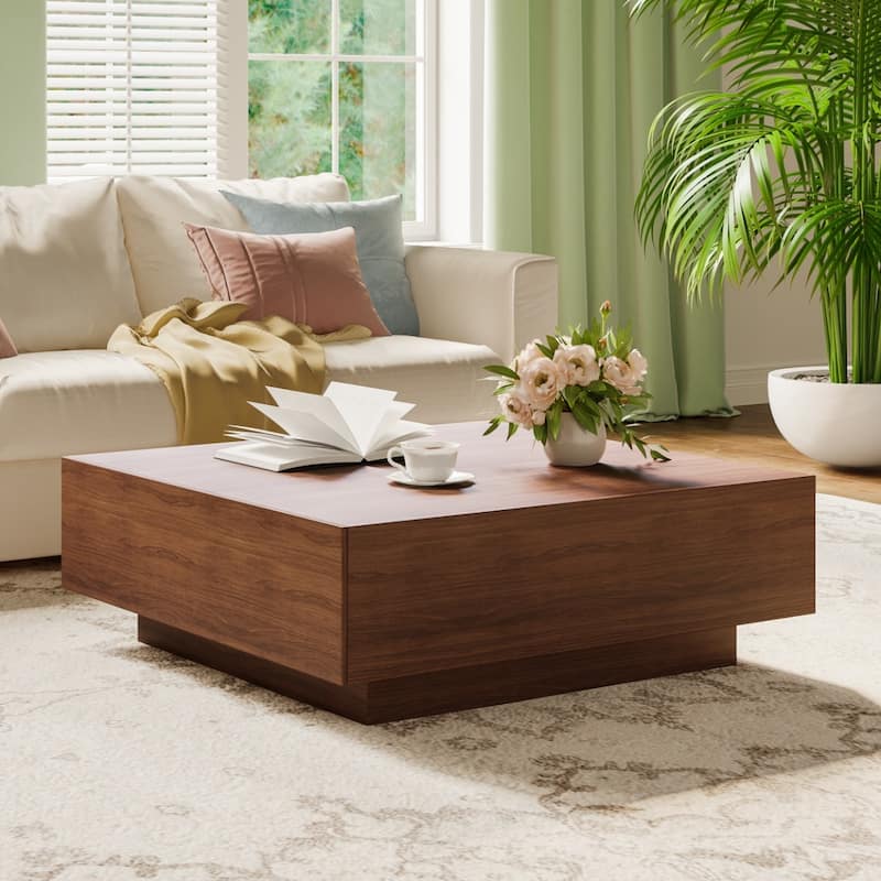 Mid Century Modern Coffee Table, Minimalist Wood Veneer Coffee Table with Storage for Living Room, Fully-assembled - 35.43" - Brown