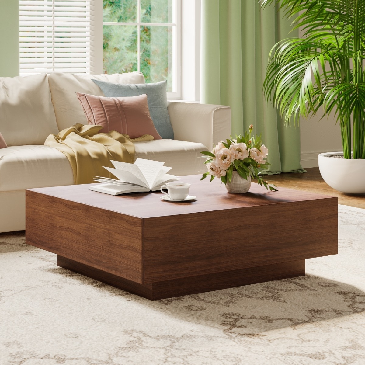 Mid Century Modern Coffee Table, Minimalist Wood Veneer Coffee Table with Storage for Living Room, Fully-assembled