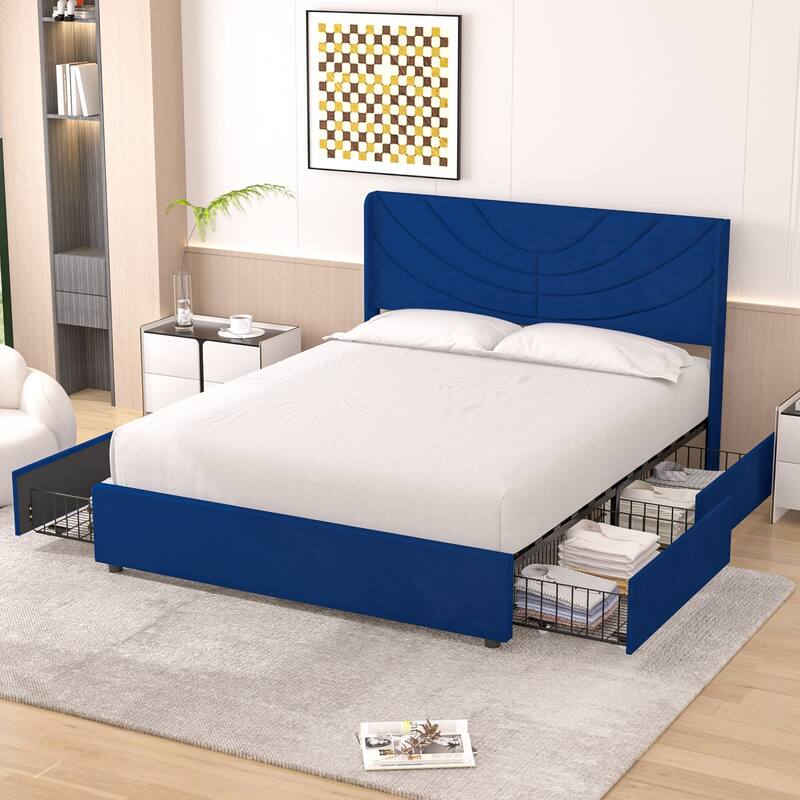 Javlergo Upholstered Bed with Tufted Headboard Bed Frames with Storage Drawers Princess Platform Bed with Wooden Slats Support