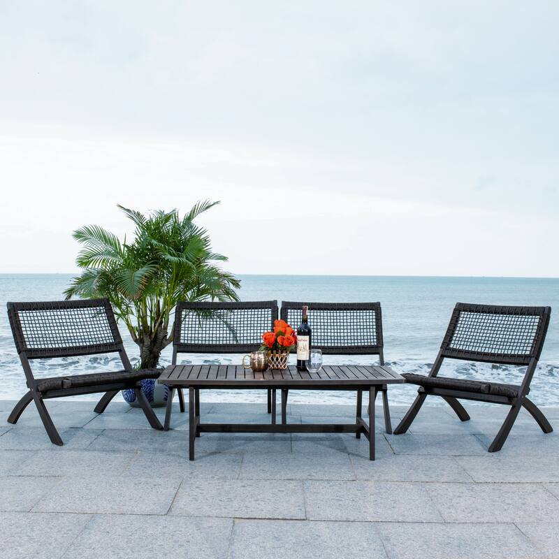 SAFAVIEH Outdoor Living Fontana Acacia/Navy Cushion 4-piece Patio Set