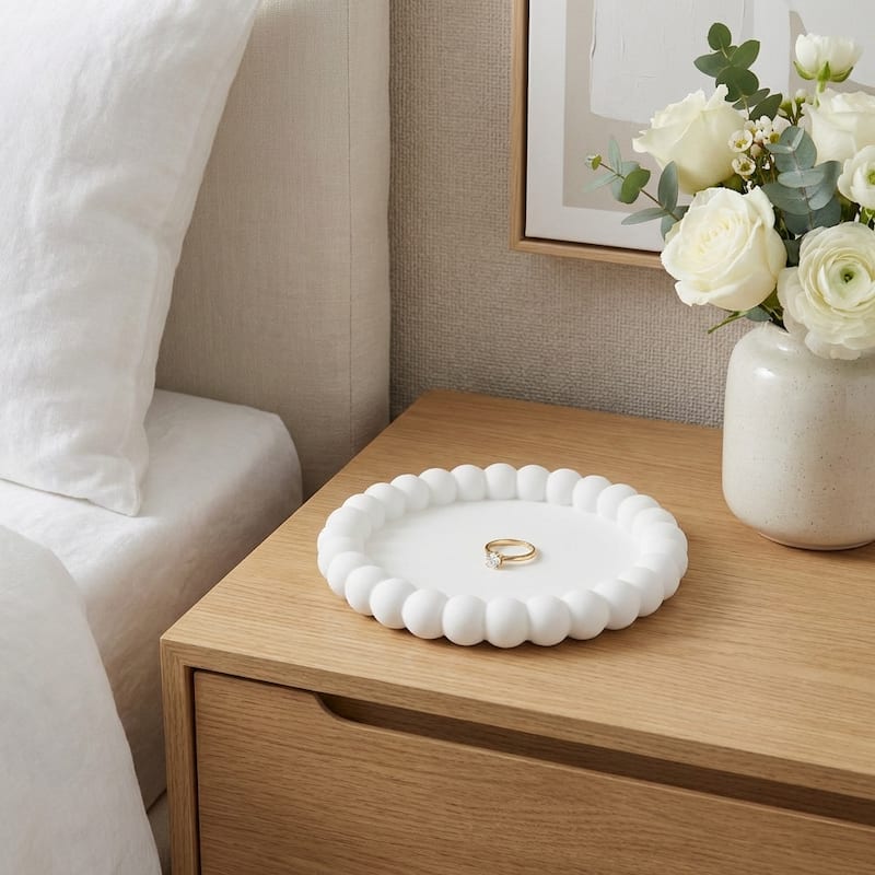 HomeRoots 6" Pink And White Resin Marbleized Handmade Round Trinket Tray - 5.50 in. x 0.75 in. x 5.50 in. - White