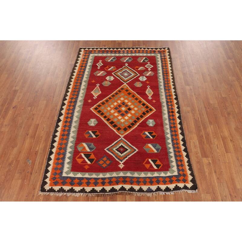 Kilim Qashqai Persian Vintage Rug Flatweave Red Wool Carpet - 4'8"x 7'1"