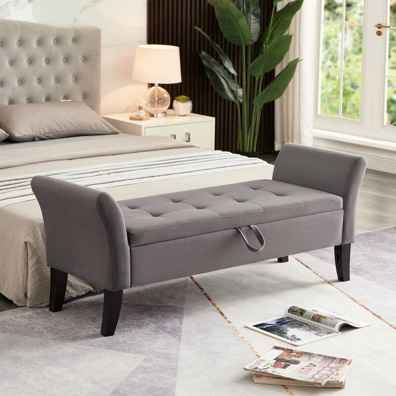 Ottoman Bench Leisure Bench with Solid Wood Legs and Armrests, Upholstered Flip End of Bed Bench with Safety Hinges