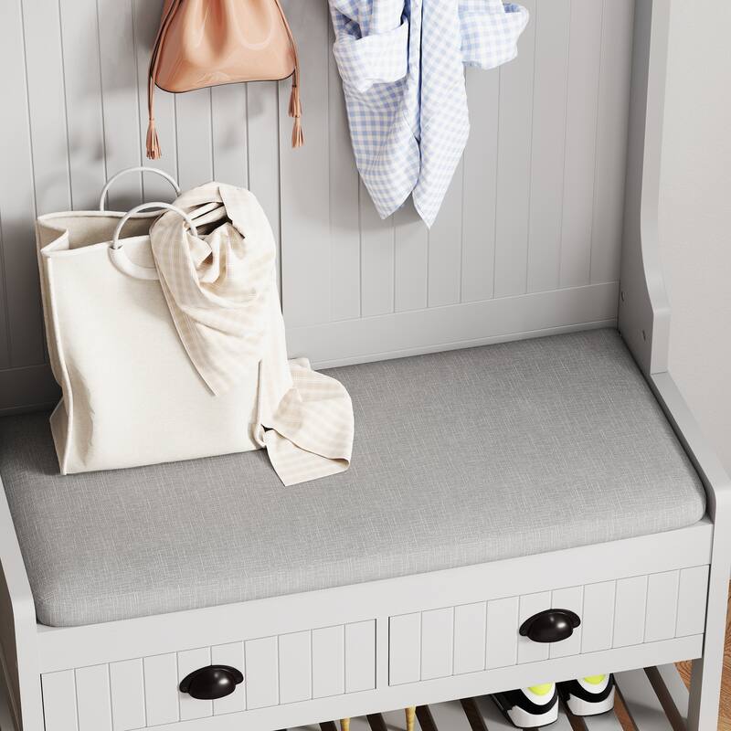 3-in-1 Hallway Hall Tree with 2 Storage Drawer and 4 Coat Rack,Shoe Rack Bench with Padded Seat Cushion,with Top Storage Shelf