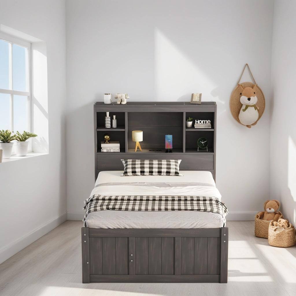 Twin Size Platform Bed with Storage Headboard, Pine Wooden Bed with Charging Station, Trundle and 3 Drawers, Brown