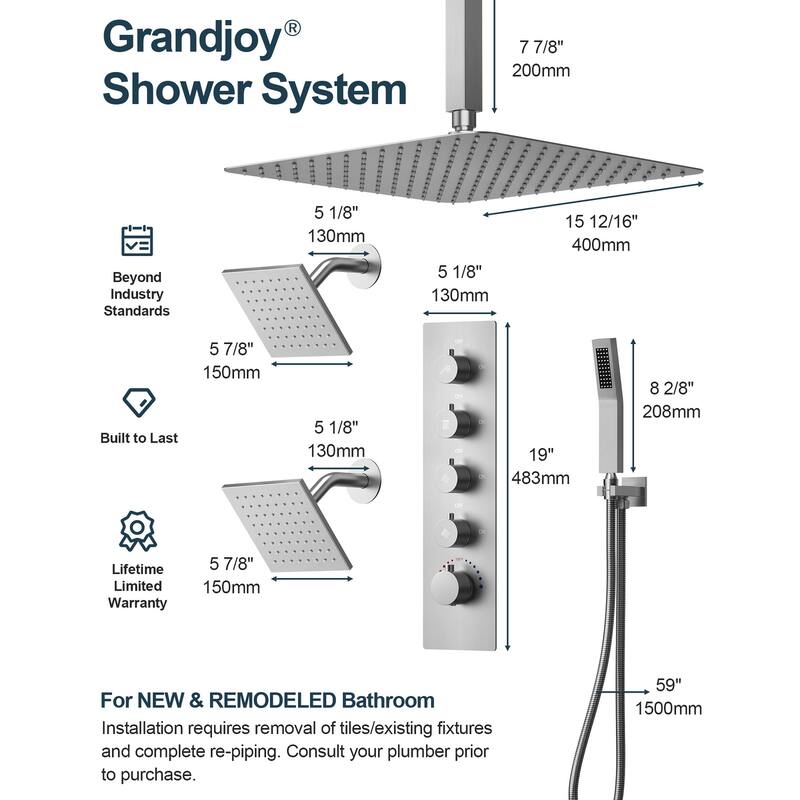 GRANDJOY High Pressure Shower Faucet System 16" Ceiling and dual 6" Wall Mounted Shower Head Combo Handheld Shower Spray