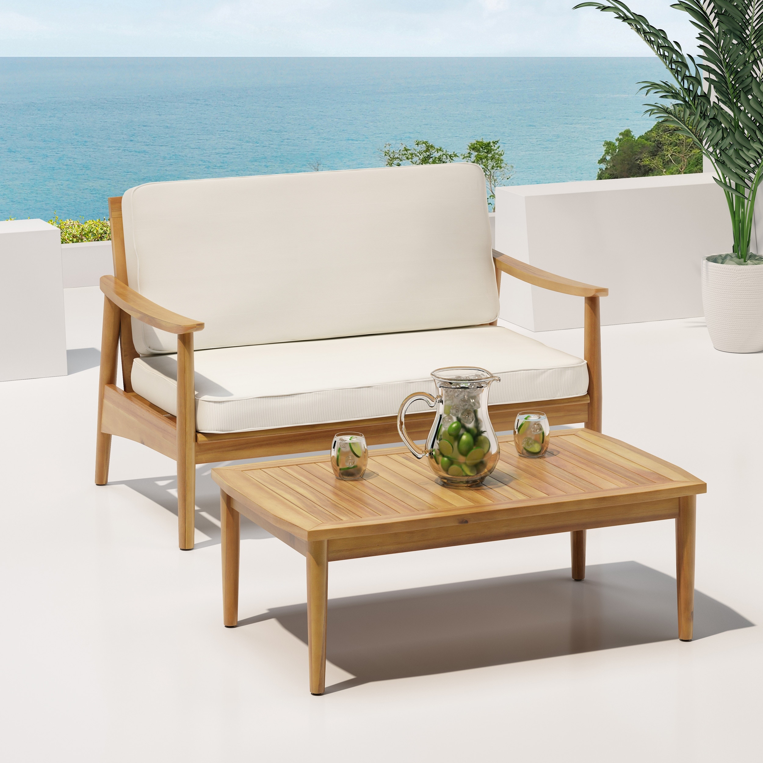 Patio Loveseat and Coffee Table Set with Cushion, Outdoor Conversation Set with Wood Frame for Backyard