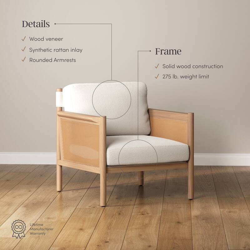 Hemming Upholstered Armchair, Solid Wood Accent Chair with Boucle Upholstery and Faux Rattan Arm Inlay