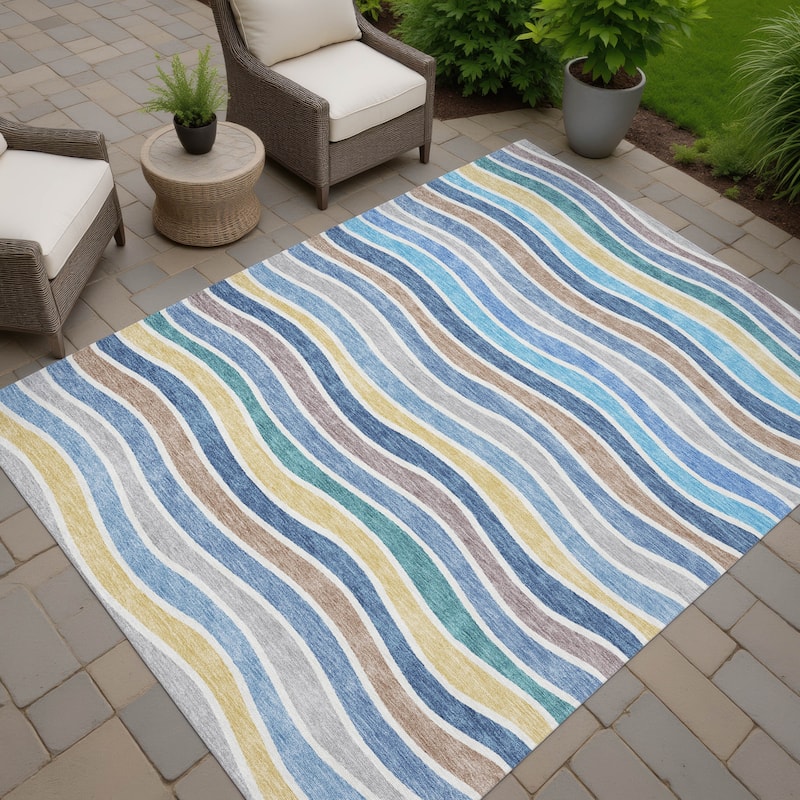 Machine Washable Indoor/ Outdoor Contemporary Stripe Chantille Rug - Blue - 9' x 12'