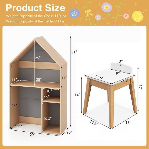 2-in-1 Kids House-Shaped Table and Chair Set-Gray - Grey