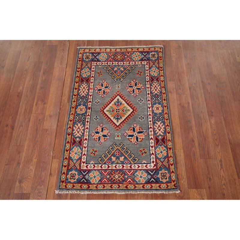 Hand Knotted Oriental 100% Wool Carpet Traditional Geometric Greys & Charcoal Kazak Area Rug - 3' 1'' X 2' 0''