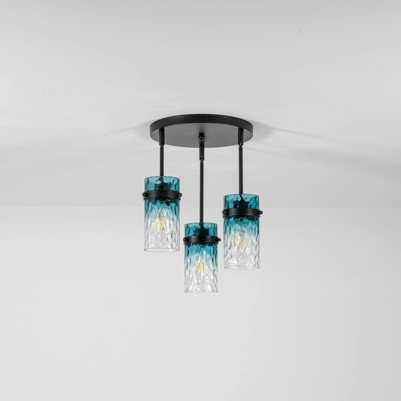 1/3-Light Coastal Matte Black Adjustable Pendant Light with Gradient Blue Hammered Cylinder Glass for Kitchen Island