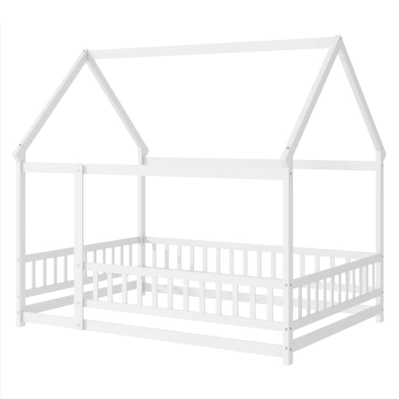 Full Size House Floor Wooden Bed with Roof Frame