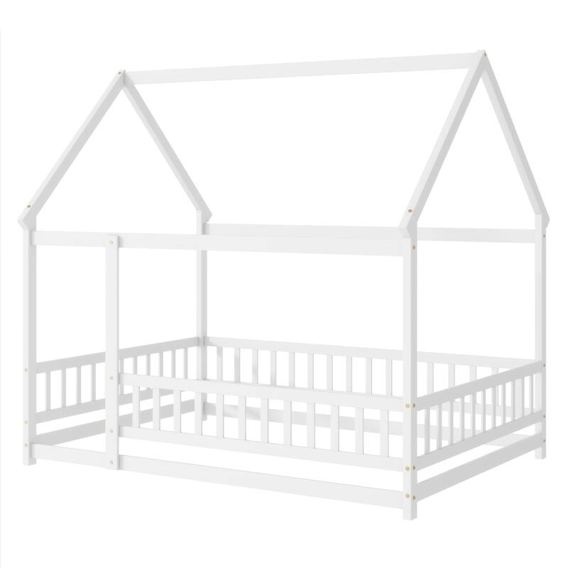 Full Size Wooden House Floor Bed with Roof Frame and Safety Guardrails, White