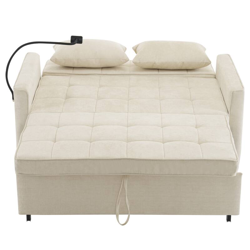 Roomfitters Loveseat Pull-Out Sofa Bed with Reversible Backrest Cushion, Side Pockets, USB Ports, and Phone Holder