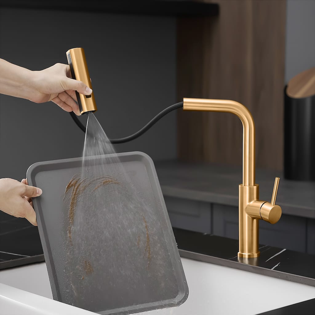 Brushed Gold Stainless Steel Pull-out Single Handle Wide Spray Kitchen Faucet