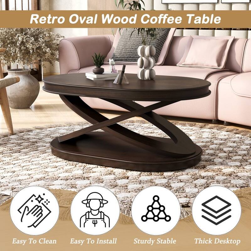 Solid Wood Oval Coffee Table with X-Shaped Base for Living Room Use