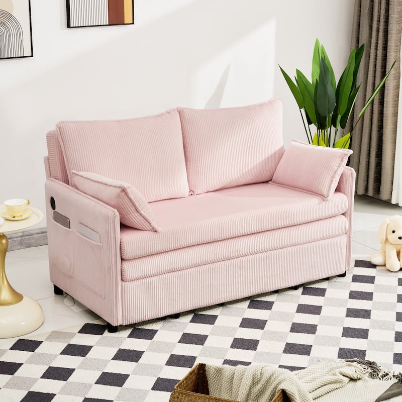 Roomfitters 55" Modern Corduroy Sofa Bed with Pull-out Sleeper Design, Modular Daybed with Storage Pocket & Pillows