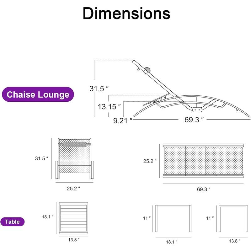 PURPLE LEAF Patio Chaise Lounge Chair Aluminum Recliner with Side Table