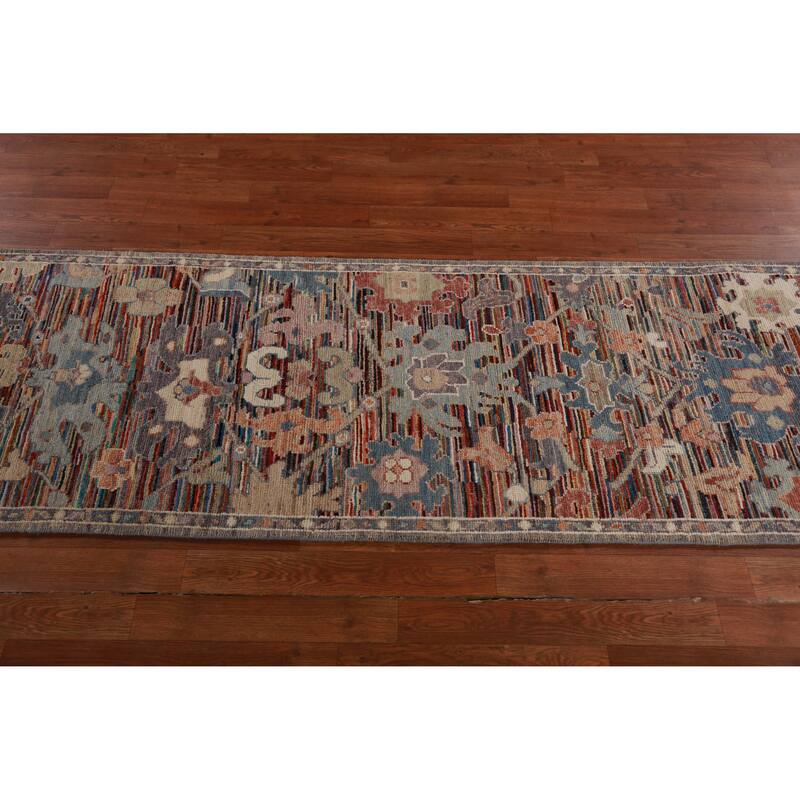 Hand Knotted Oriental 100% Wool Carpet Transitional Floral Multi-Colored Oushak Runner Rug - 19' 5'' X 2' 4''