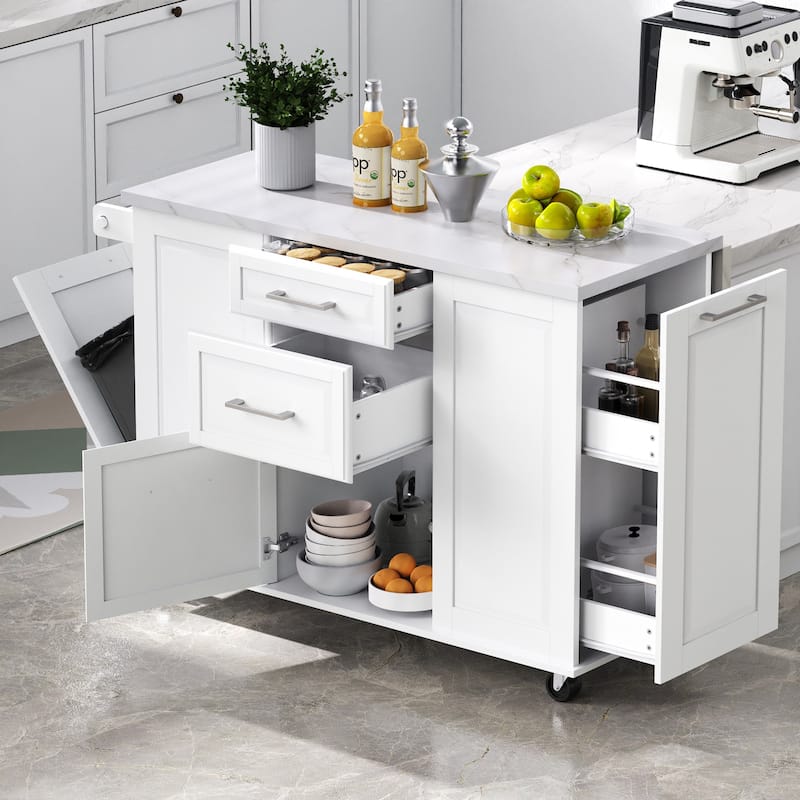 50.7" Rolling Kitchen Island - Drop Leaf, 2 Drawers, Tilt Trash Cabinet & Organizer on 5 Wheels
