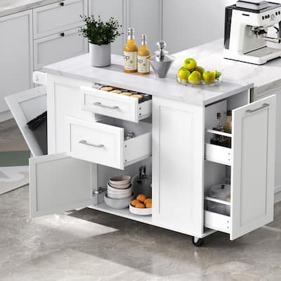 50.7"Kitchen Island with Pull Out Cabinet Organizer, Rolling Kitchen Island on 5 Wheels with Drop Leaf, 2 Drawers