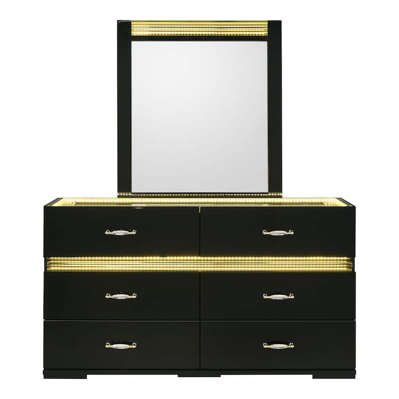 Furniture of America Saven Modern 2-Piece Black Solid Wood 6-Drawer Dresser and Mirror Set with LED Light