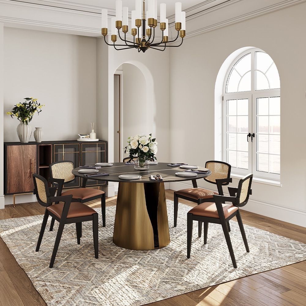 Modern Round White Dining Table，Sintered Stone Tabletop, Solid Black Carbon Steel Base