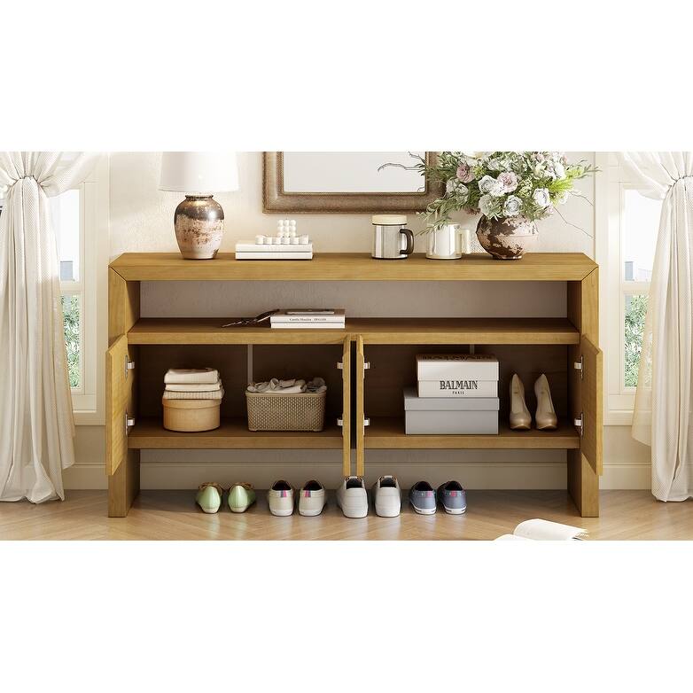 60" 4-Door Sideboard, Modern Minimalist Solid Wood Veneer Sideboard with Open Shelf, Natural Wood Grain