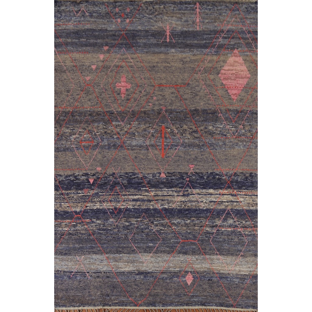 Blue Striped Moroccan Area Rug Hand-Knotted Wool Carpet - 8'2"x 12'3"