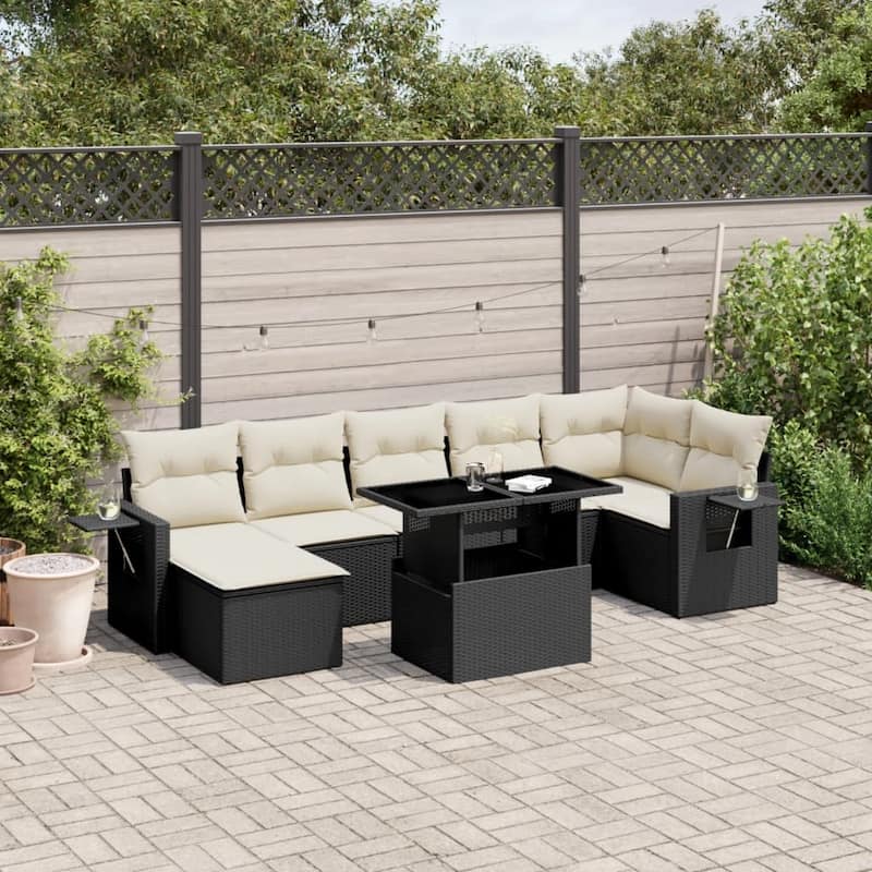 vidaXL Patio Sofa Set with Cushions Outdoor Furniture 8 Piece Poly Rattan - Black and Cream-without storage - 21.7 x 39.4 x 28.7