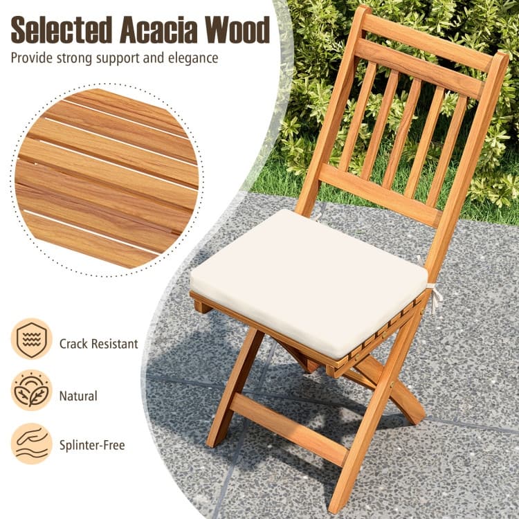 Off White Cushion Acacia Wood Folding Outdoor Chair Set of 2 with Ergonomic Backrest - 23" x 16.5" x 34"