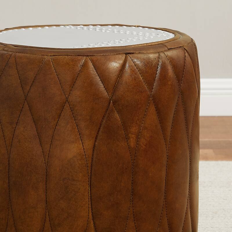 Art Leon Industrial Aluminum and Genuine Leather Ottoman Stool