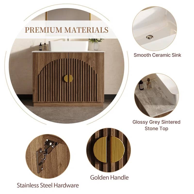 36" Mid - Century Modern Bathroom Vanity With Single Sink Grille Door & Gold Accents