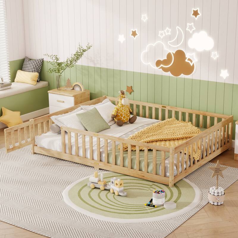 Roomfitters Queen Floor Bed with Surround Fence and Swing Door, Rubber Wood Platform with Guardrails and Slats, Natural