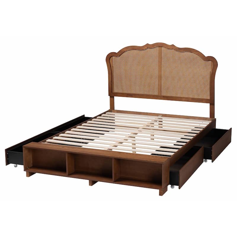 Latrell Mid-Century Walnut Brown Wood and Rattan Storage Bed