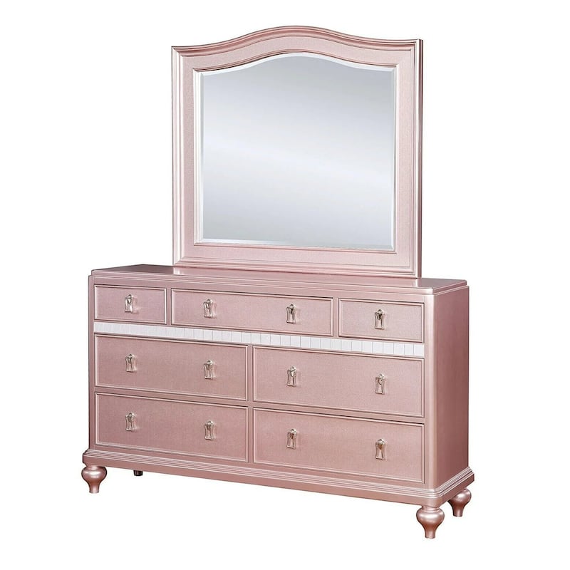 Contemporary Rose Gold Finish 4 Piece Bedroom Set Padded Bed Dresser Mirror Nightstand